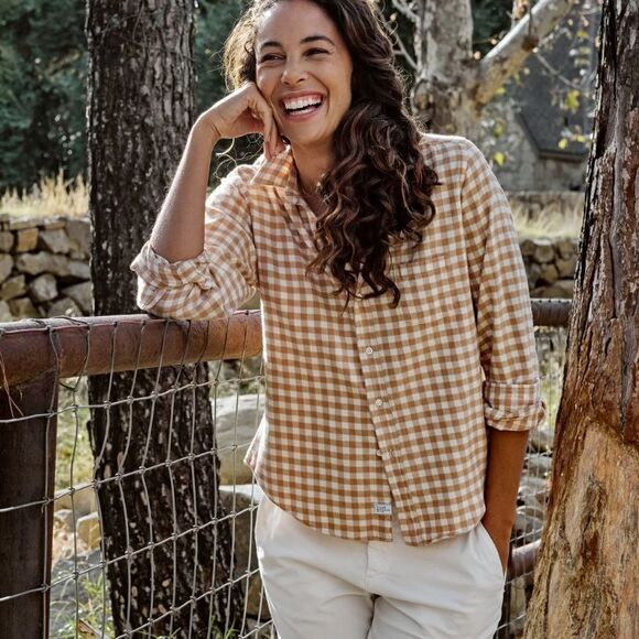 NEW Frank & Eileen Barry Woven Button Up Shirt Camel Check XS - Picture 1 of 9
